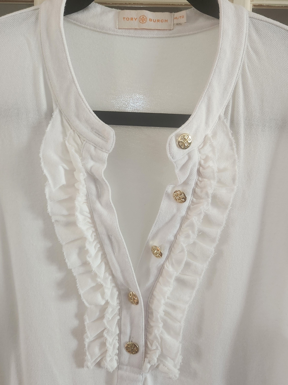 Tory Burch White Ruffle Button Polo Size XL. Gold Logo Buttons.